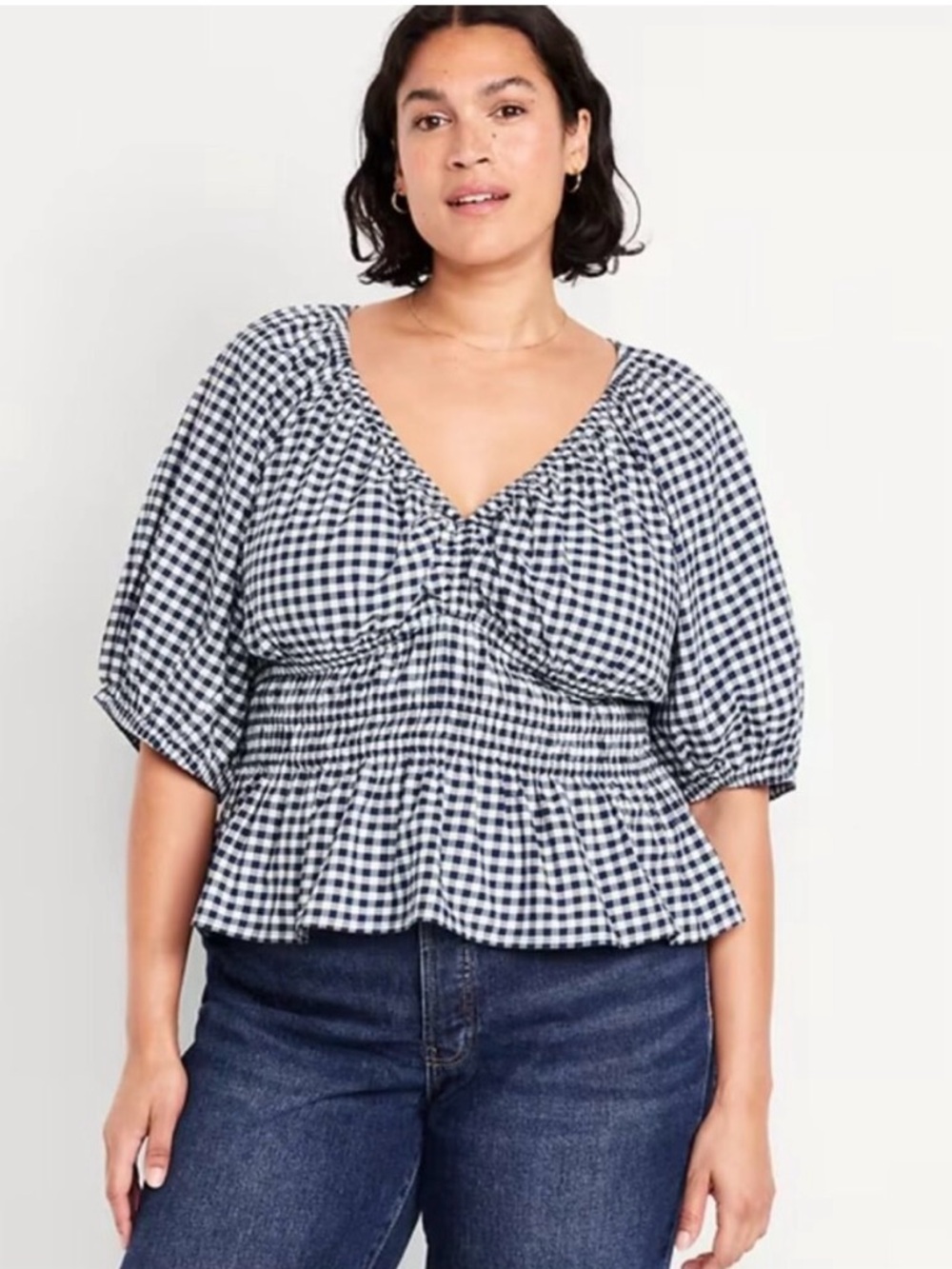Old Navy Smocked Gingham Puff Sleeve Blouse XXL 100% Cotton Elastic Waist V-Neck
